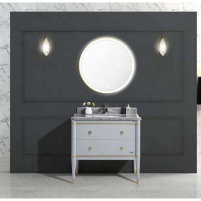 light luxury round ss frame  Led mirror bathroom vanity cabinet home  furniture wt  nature grey marble top China supplier